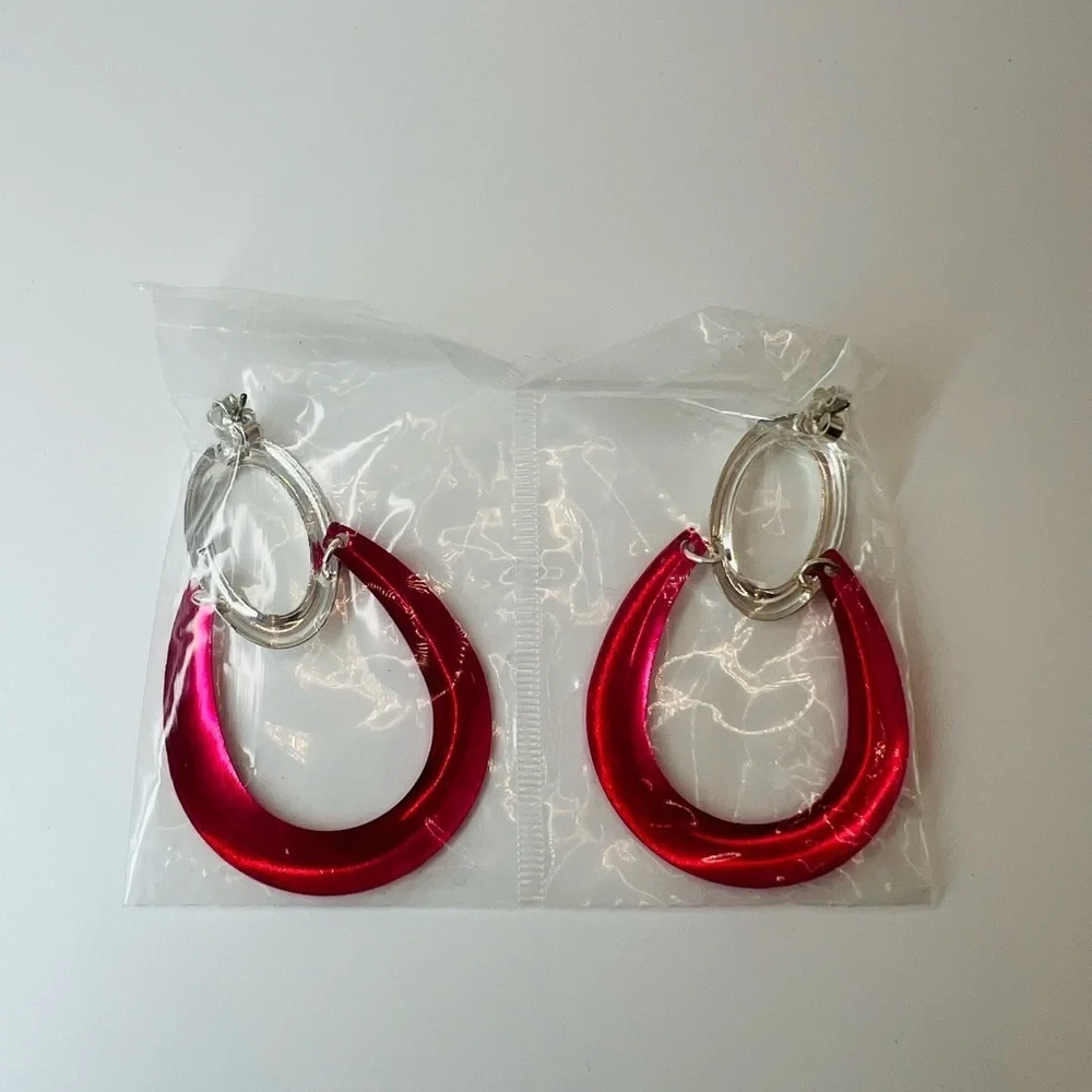 Vintage Avon Teardrop Drop Earrings Red & Silver Tone NOS - set of 2